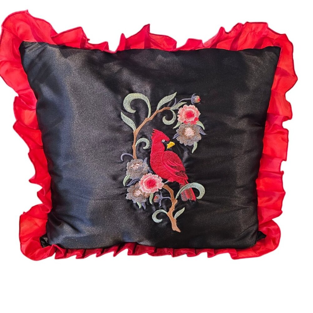 VTG Cardinal Decorative Pillow Satin Black Red Embroidered‎ Lace Trim Floral 20"